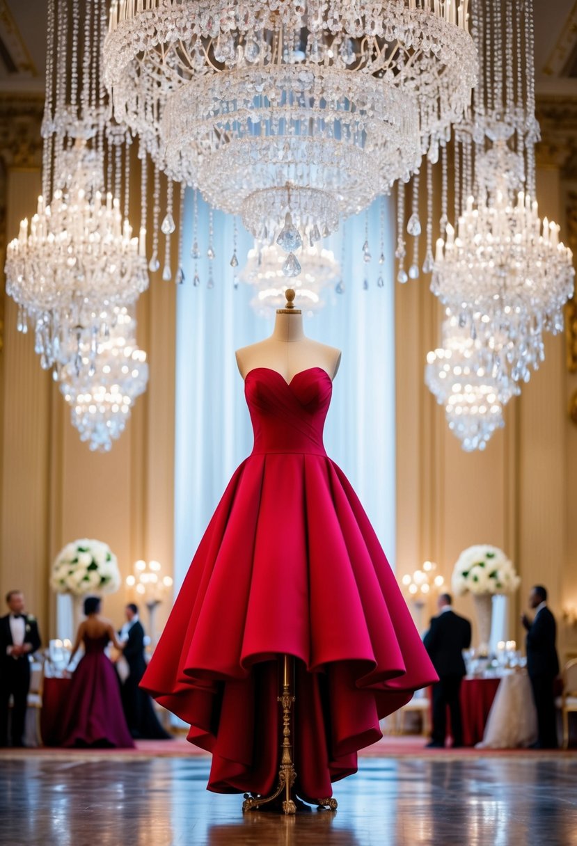 A grand ballroom with cascading crystal chandeliers, where a bold ruby red ball gown stands out against a backdrop of opulent decor