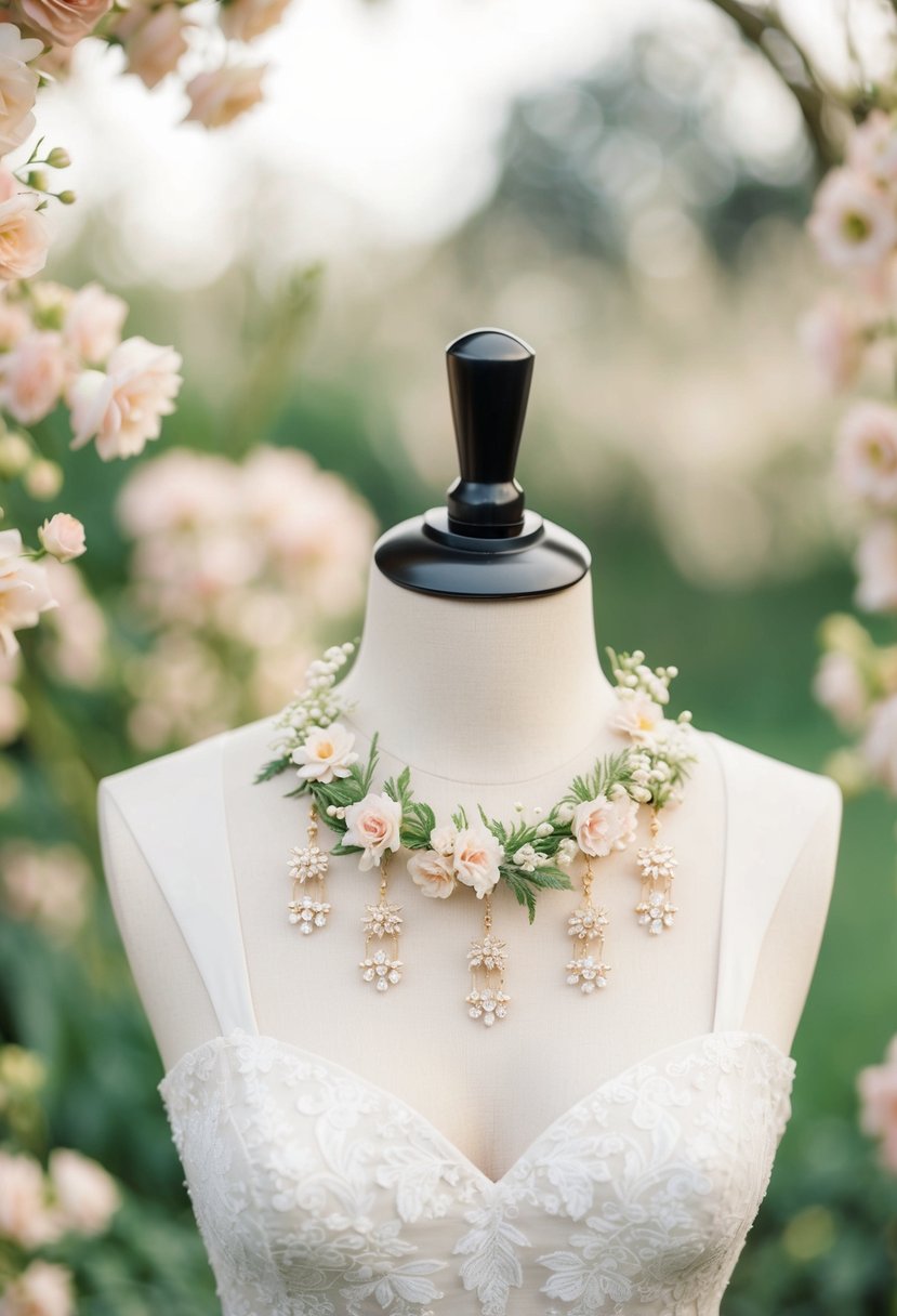 A square-neck wedding dress adorned with floral-inspired danglers, surrounded by delicate earrings in a soft, romantic setting