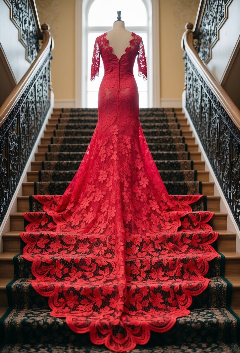 An elegant Alençon lace dress in vibrant red, adorned with intricate floral patterns and delicate scalloped edges, cascading down a grand staircase