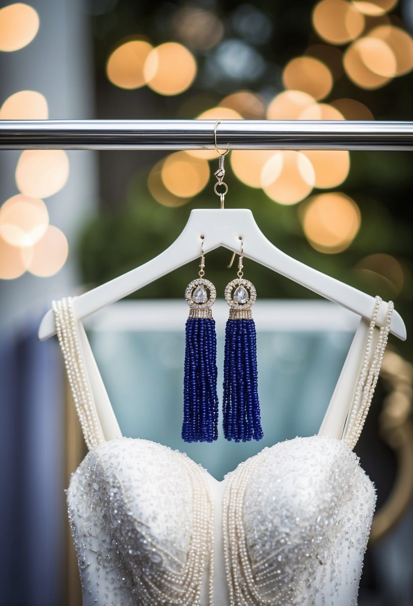 A square-neck wedding dress with beaded tassel earrings hanging from a jewelry stand