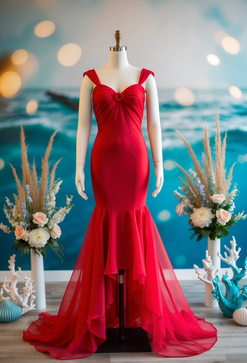 A flowing poppy red mermaid dress on a mannequin, surrounded by ocean-themed decor and floral accents