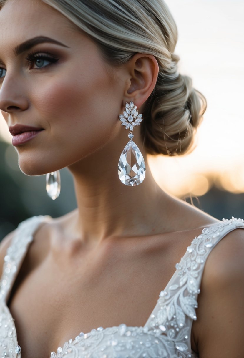 A square-neck wedding dress adorned with Swarovski crystal drop earrings