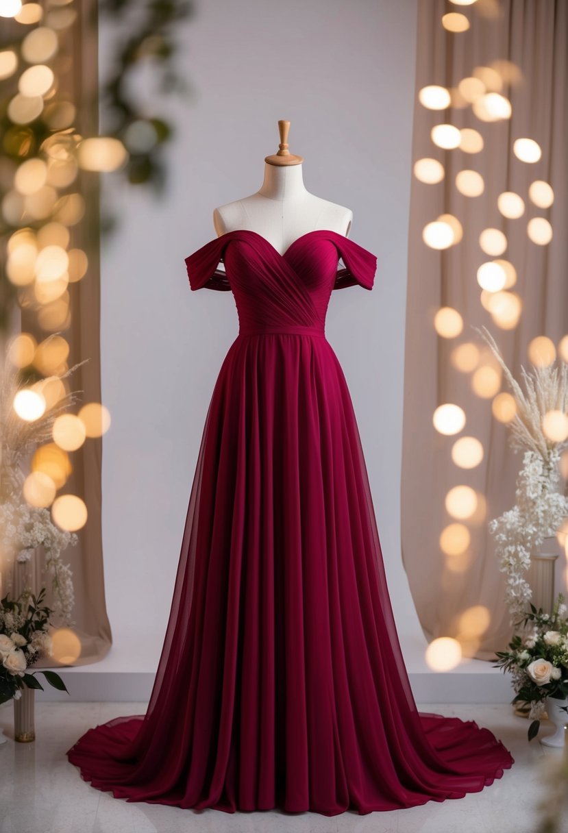 A flowing crimson off-shoulder gown on a mannequin, surrounded by soft lighting and elegant decor