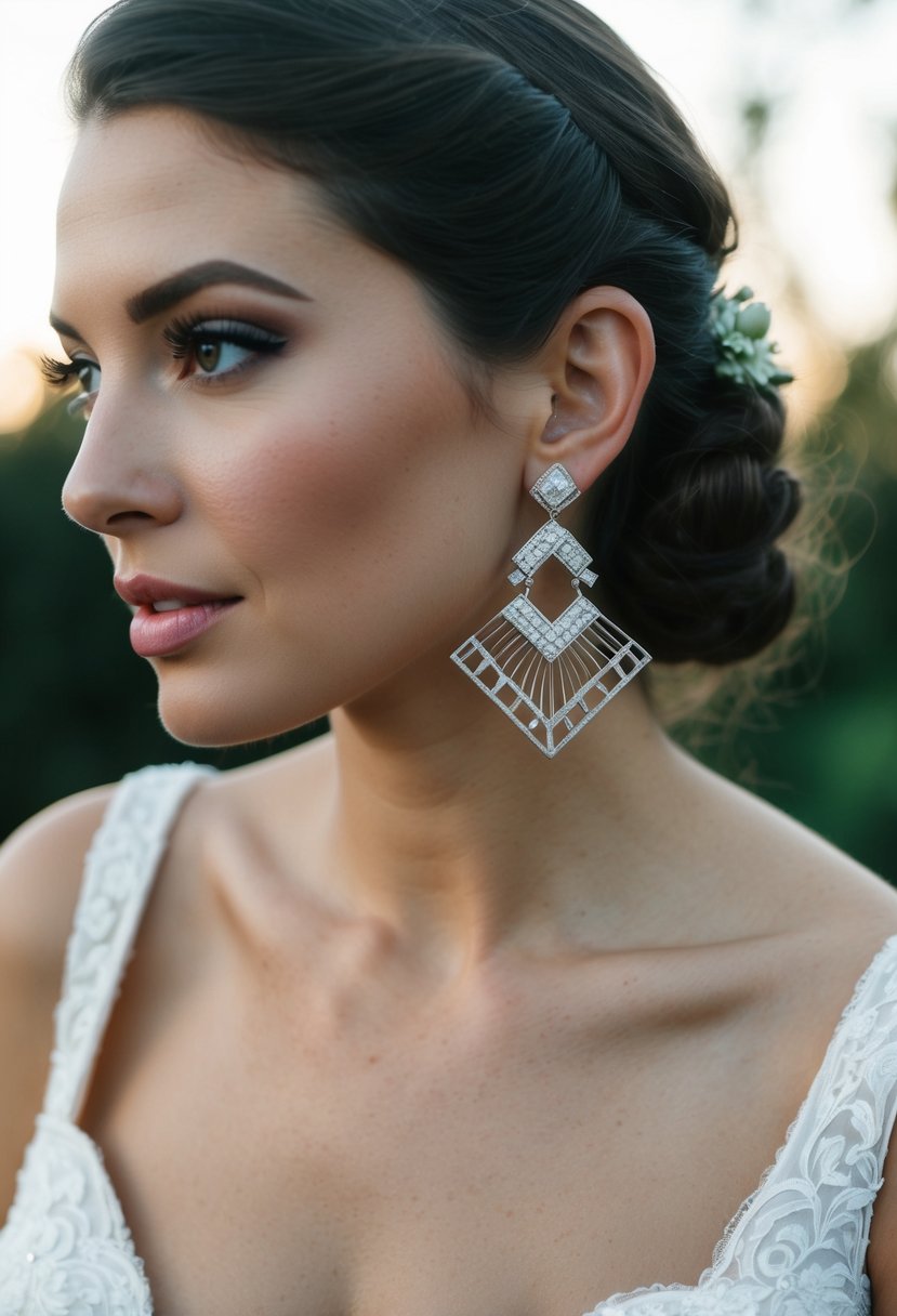 An art deco style earrings on a square neck wedding dress