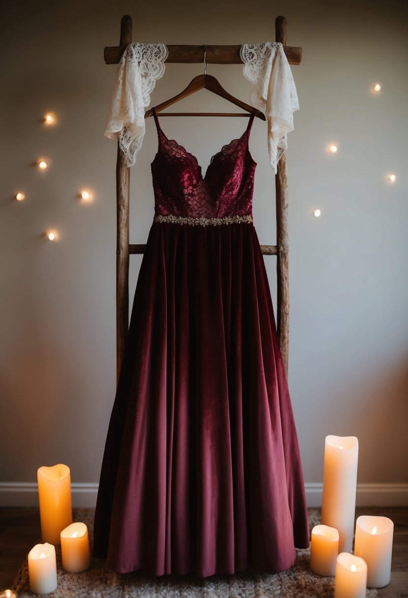 A marsala velvet wedding dress hanging on a rustic wooden hanger, surrounded by soft candlelight and delicate lace details