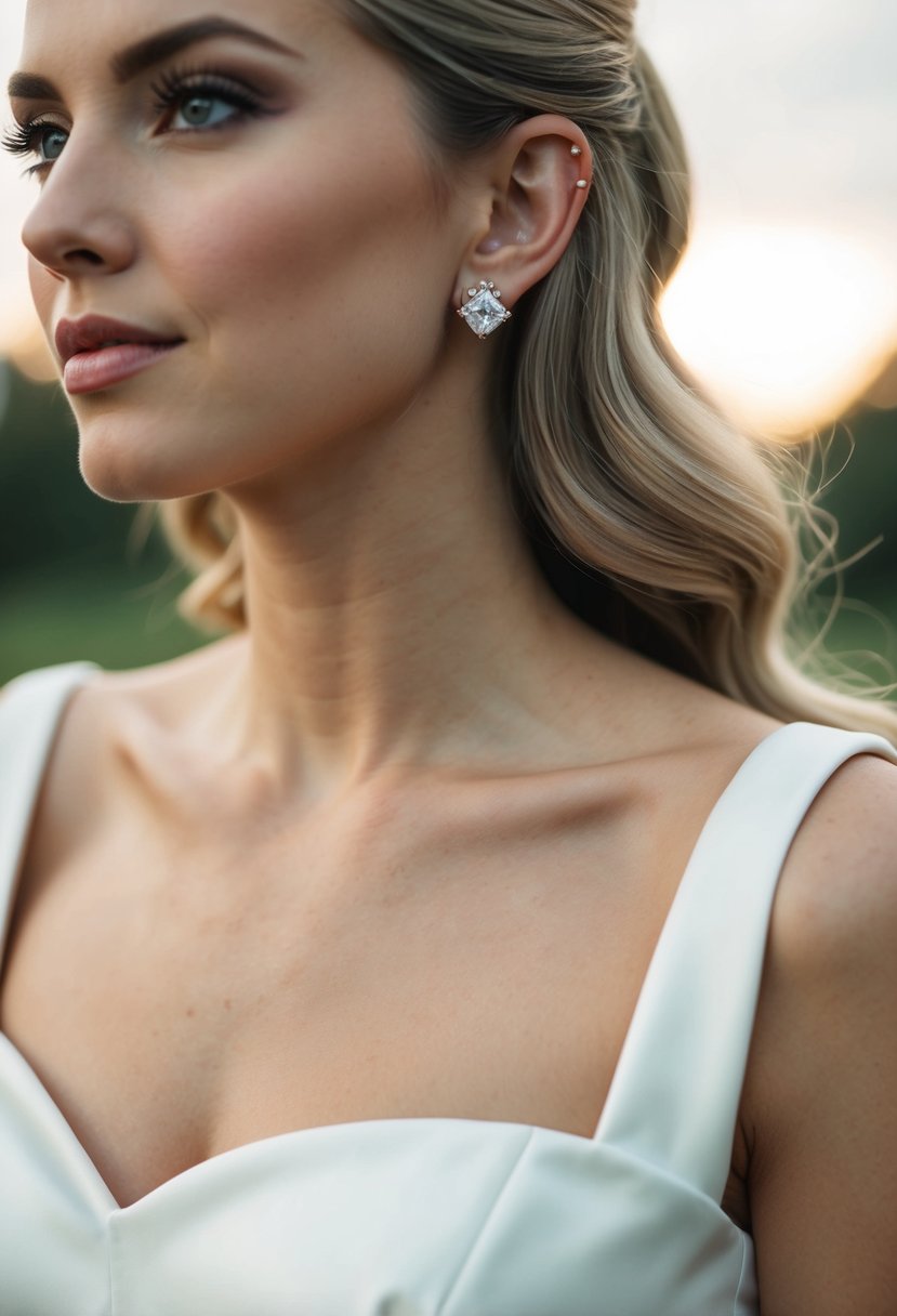 A close-up of a square-neck wedding dress with classic diamond stud earrings