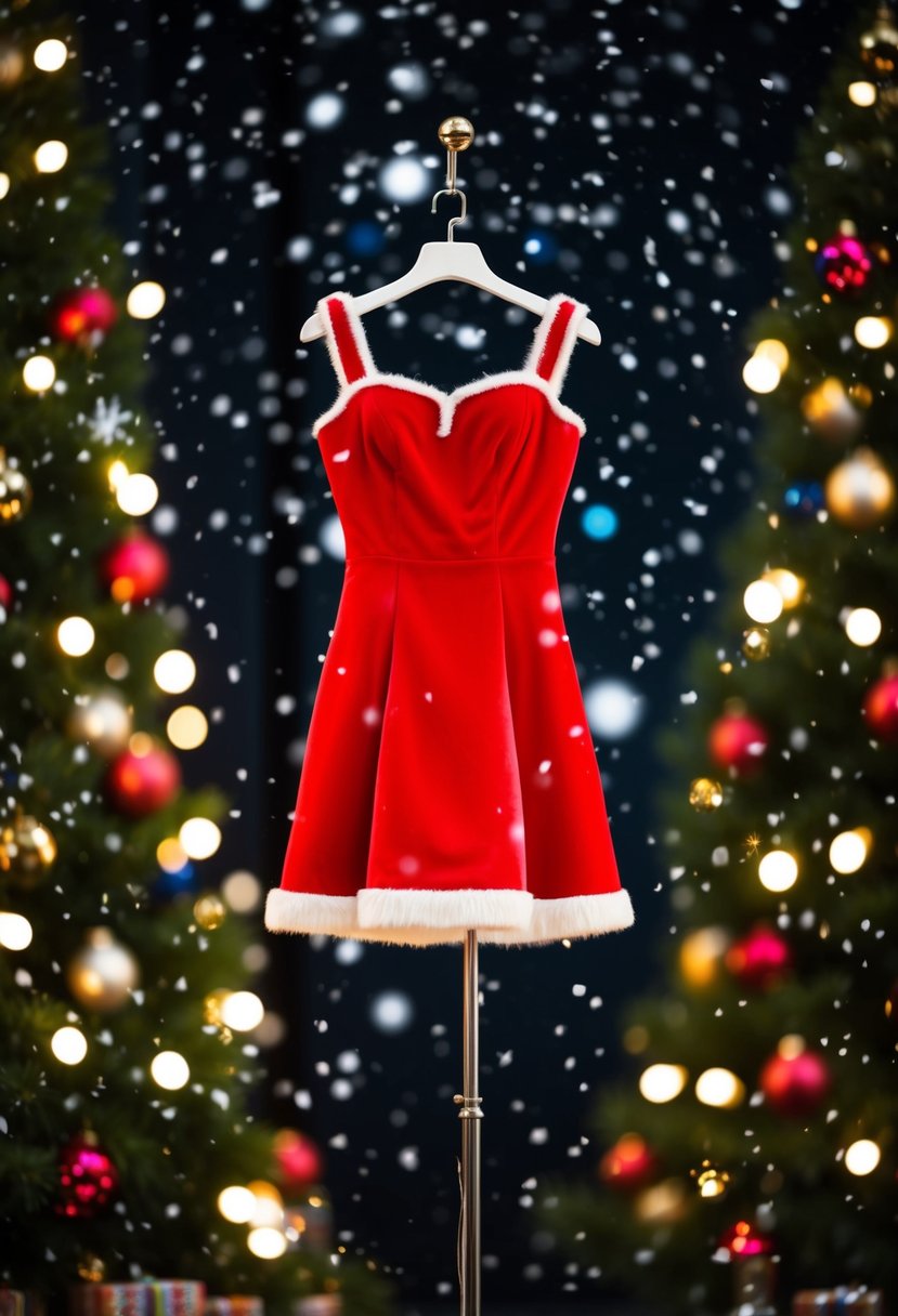 A festive red mini dress hangs on a mannequin, surrounded by twinkling Christmas lights and a flurry of snowflakes