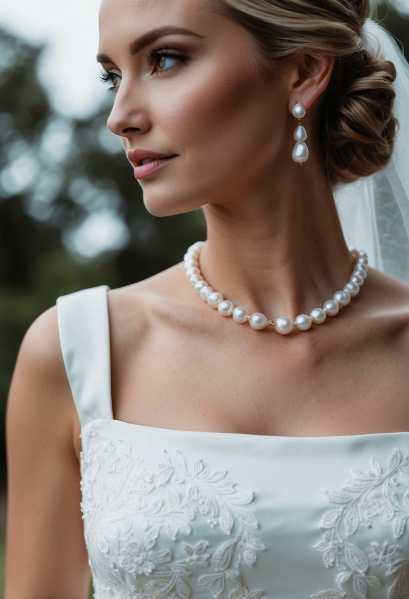 A bride's elegant square-necked wedding dress with freshwater pearl earrings