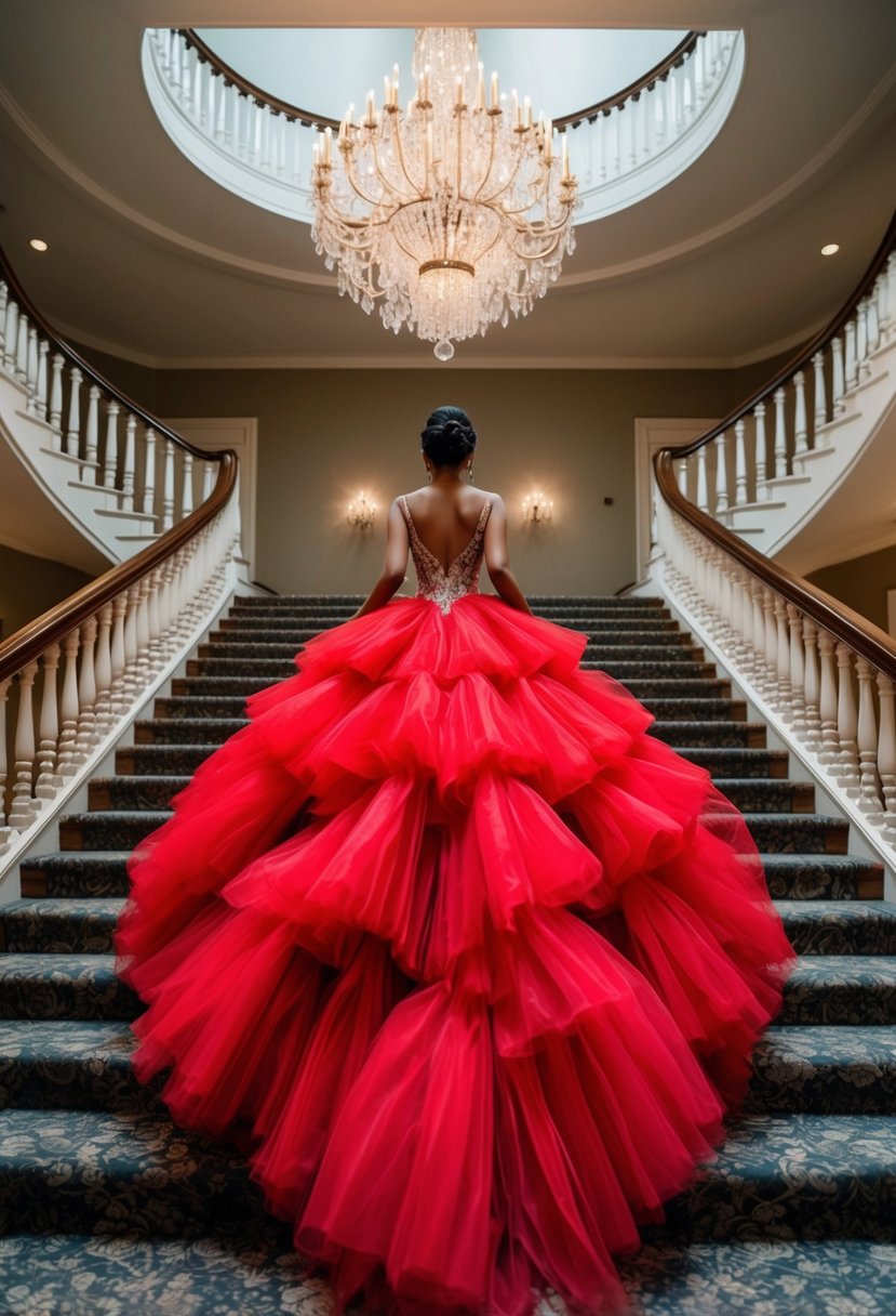 A voluminous red tulle gown cascading down a grand staircase