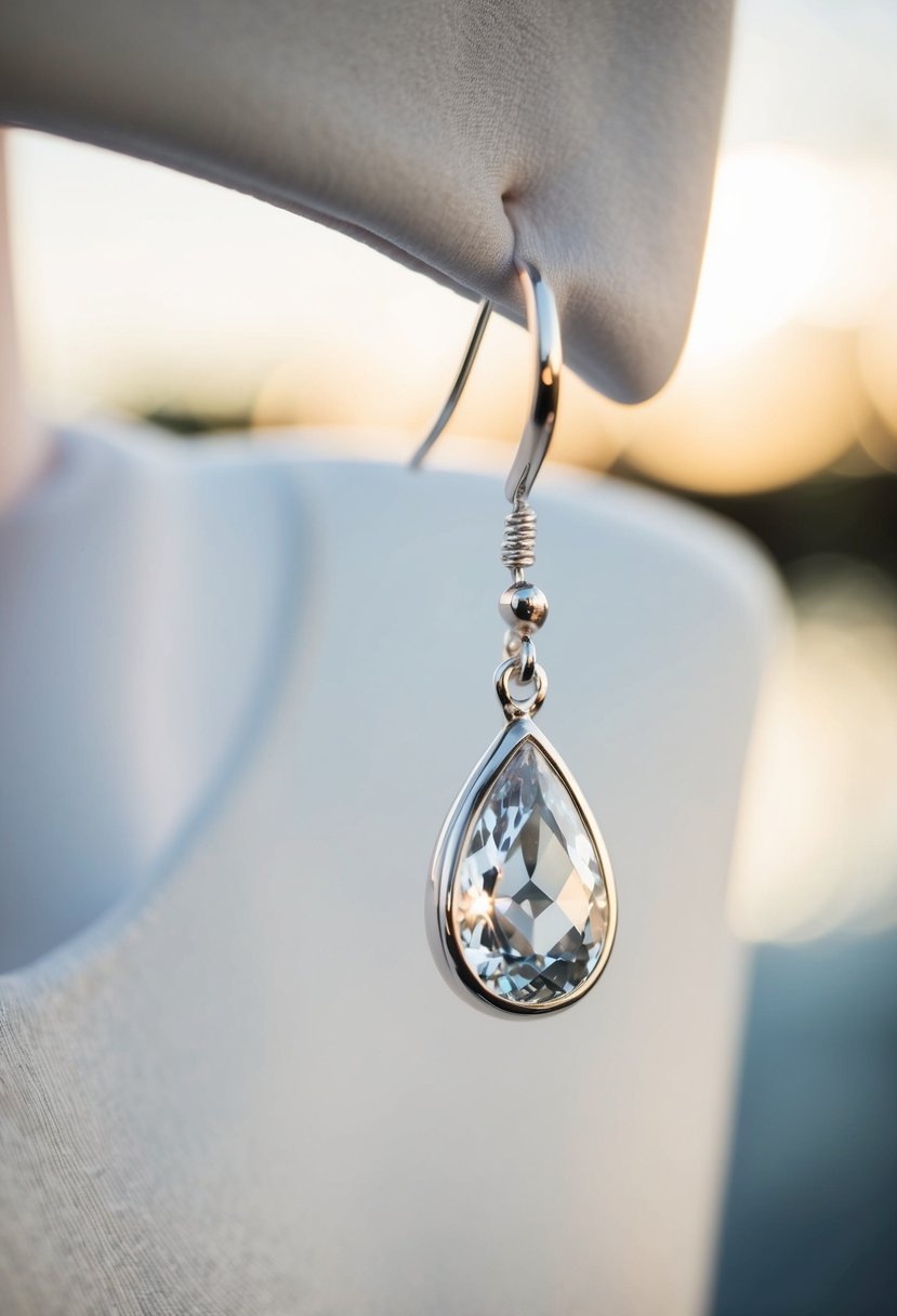 A silver teardrop earring dangles from a square-neck wedding dress, catching the light as it sways gently