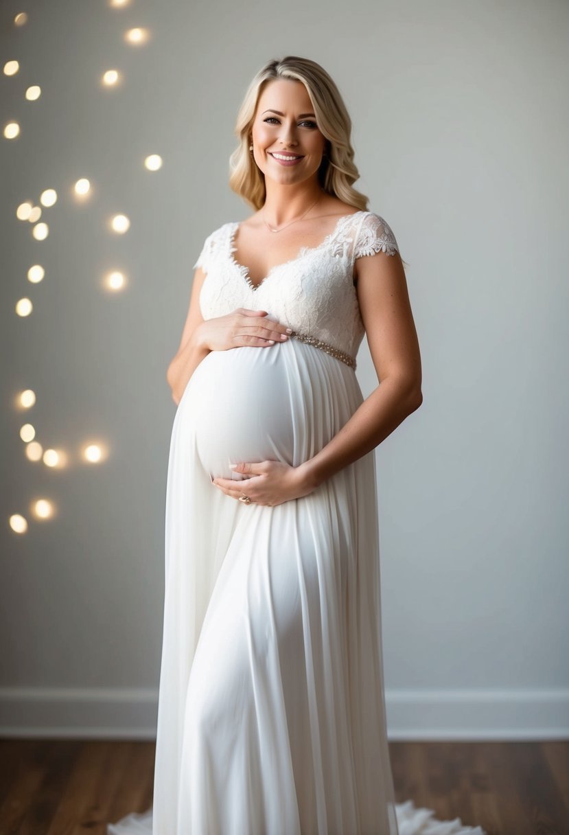 A glowing pregnant woman stands in a flowing white wedding dress, cradling her belly with a serene smile. The dress features delicate lace and a flattering empire waist, creating a romantic and ethereal look