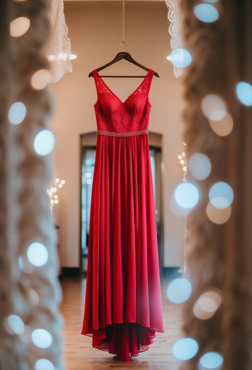 A flowing red A-line dress hangs from a hanger, surrounded by soft lighting and delicate lace details