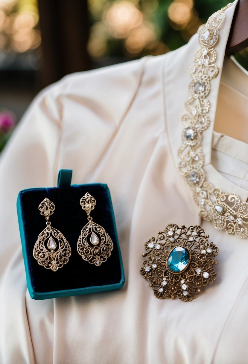 An ornate pair of antique filigree earrings displayed on a velvet cushion next to a square neck wedding dress