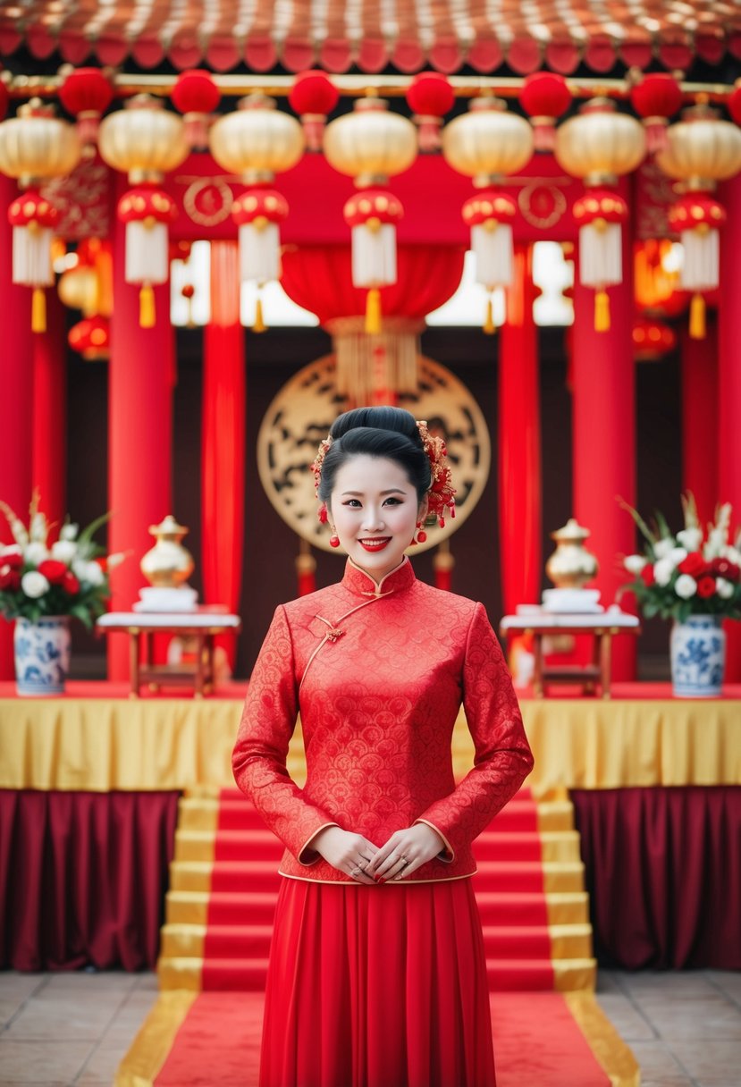 A bride in a red Qi Pao stands before a traditional Chinese wedding altar adorned with red and gold decorations