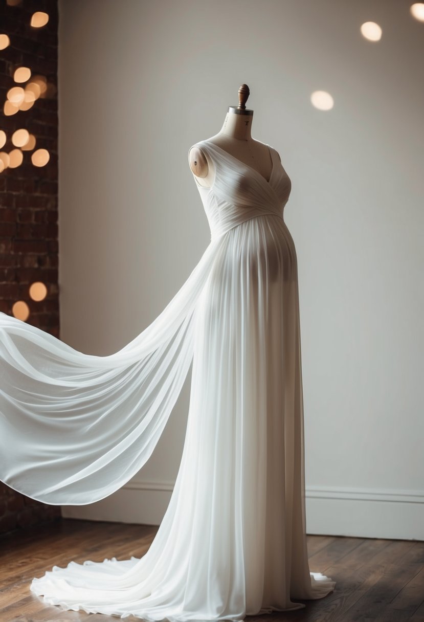 A flowing chiffon maternity wedding dress on a mannequin