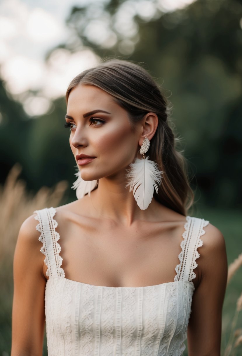 A Bohemian wedding dress with square neckline, adorned with feather earrings