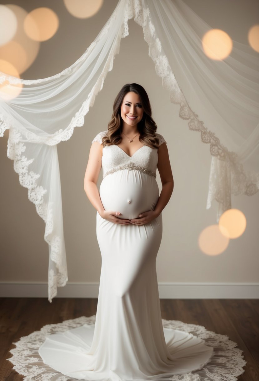 A glowing pregnant woman in an empire waist wedding dress, surrounded by delicate lace and flowing fabric, with a soft, ethereal glow