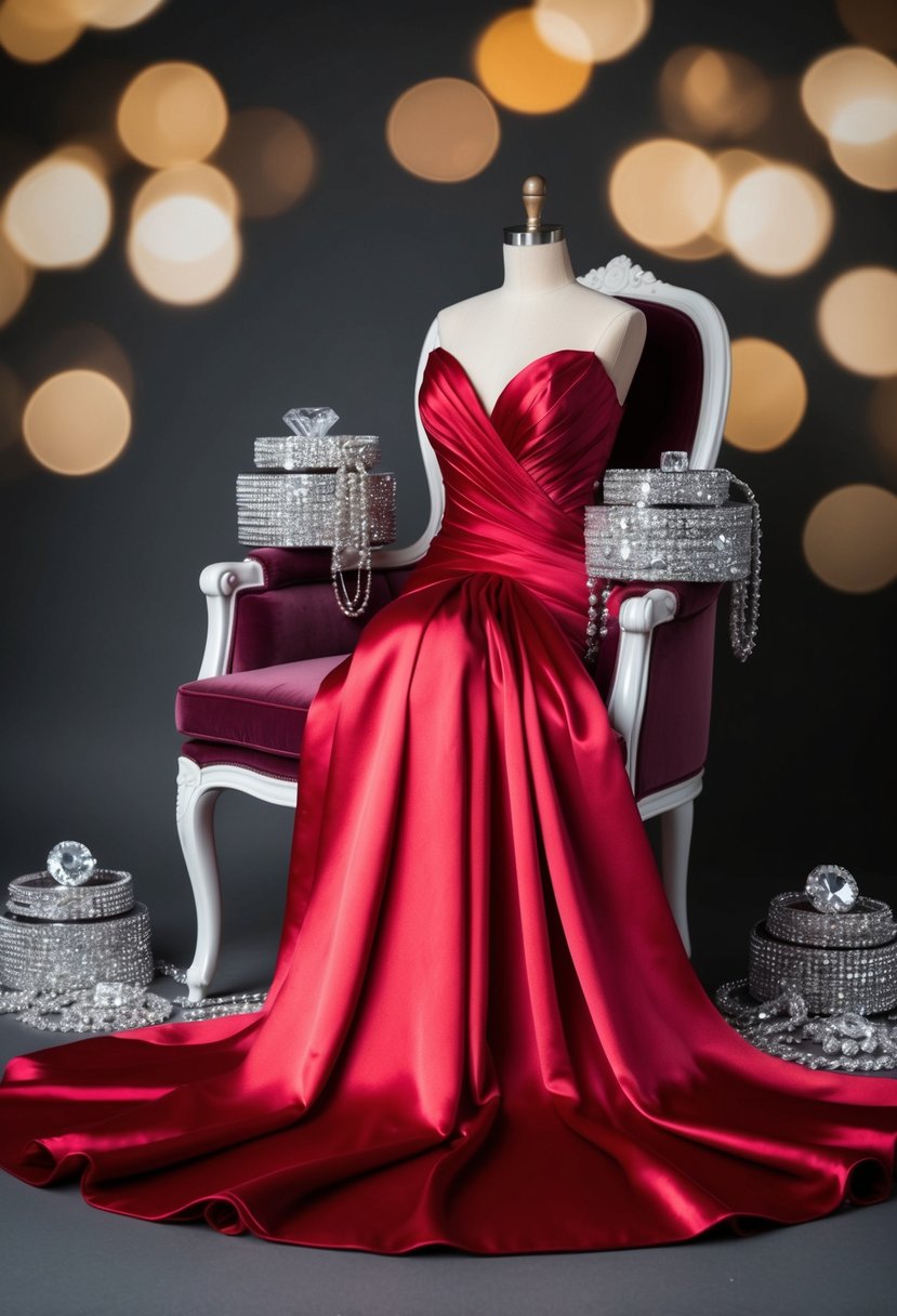 A flowing satin red gown draped over a velvet chair, surrounded by glittering diamond accessories