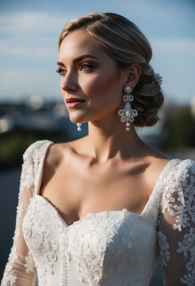 A bride in a square-neck wedding dress wearing baroque pearl earrings