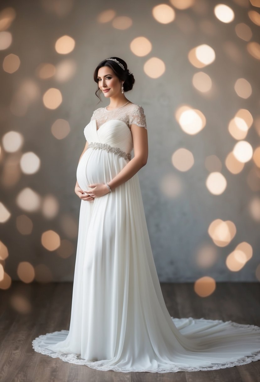 An A-line wedding dress with a gently flowing skirt, adorned with delicate lace and intricate beading, designed to flatter a 6-month pregnant figure