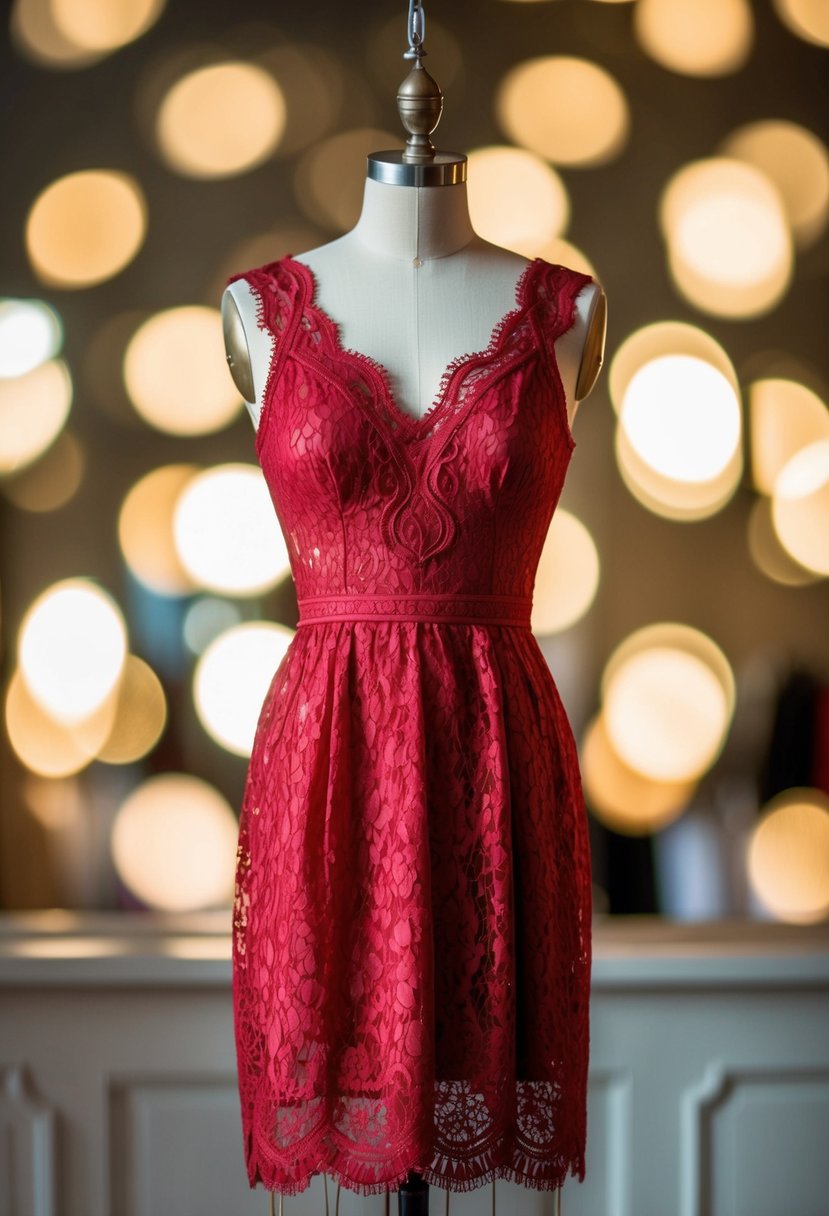 A sophisticated red lace dress hanging on a vintage mannequin