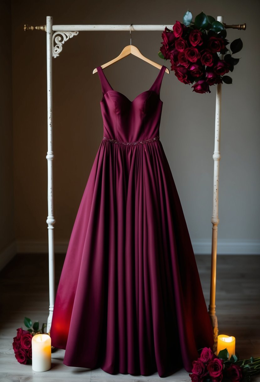 A deep burgundy full-skirt gown hangs from a vintage coat rack, surrounded by soft candlelight and a bouquet of crimson roses