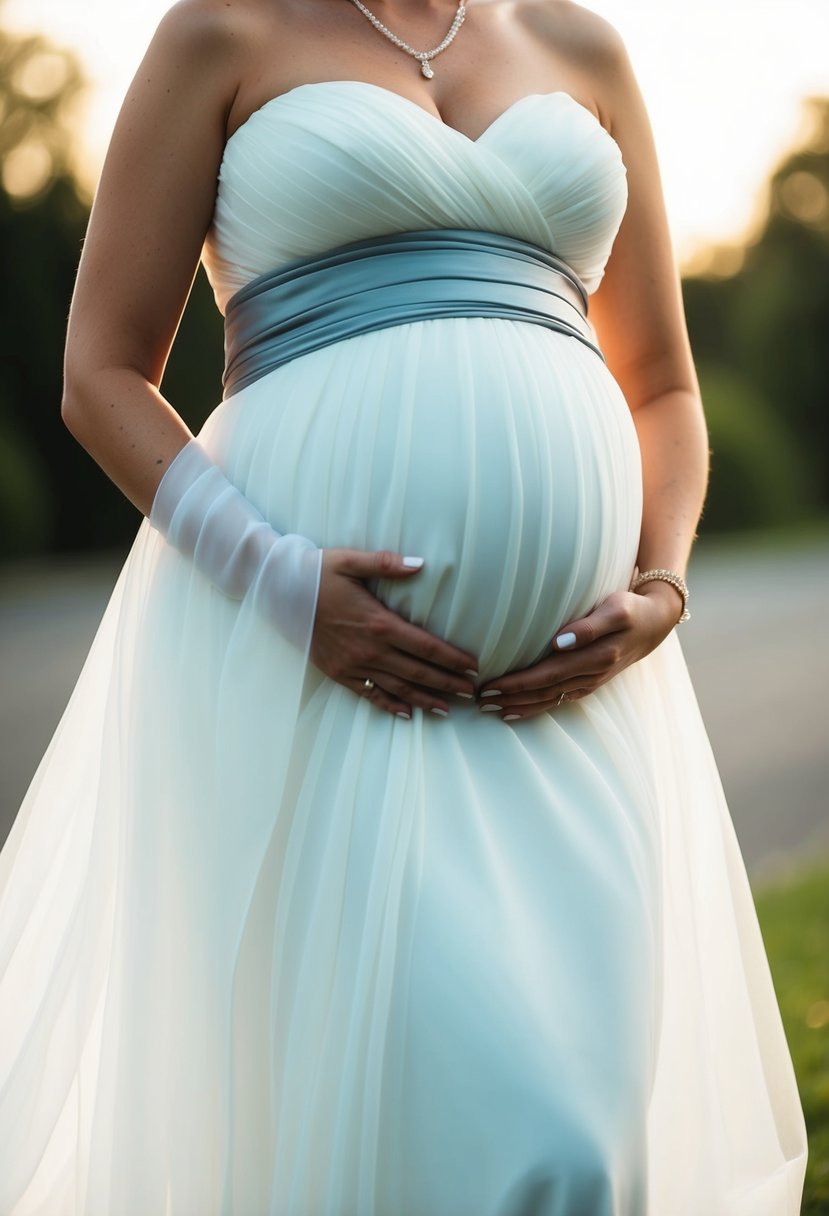 A flowing white wedding dress with a stylish sash or belt draped over a rounded belly, symbolizing a 6-month pregnancy