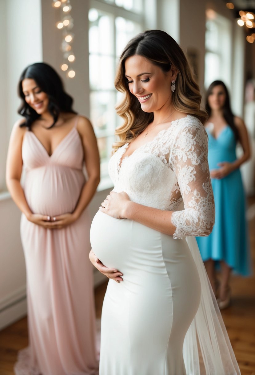 A glowing 6-month pregnant woman trying on lace-back wedding dresses