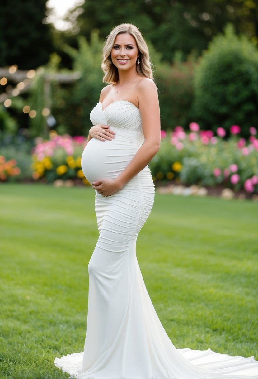 A pregnant woman in a stretchy, flowing wedding dress, standing in a garden with flowers and greenery in the background