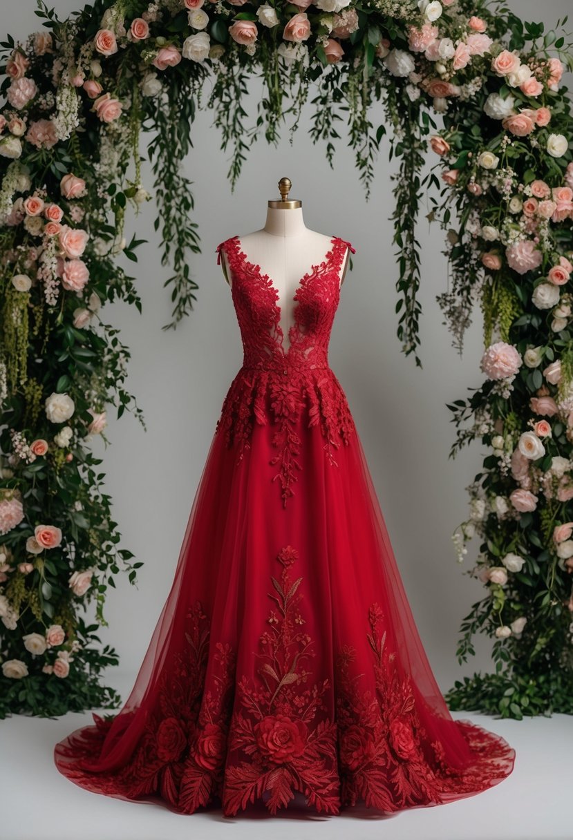 A red wedding dress adorned with striking floral embroidery, set against a romantic backdrop of cascading flowers and lush greenery