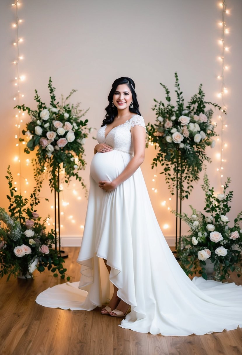 A pregnant bride in a high-low hem wedding dress, surrounded by floral arrangements and twinkling lights