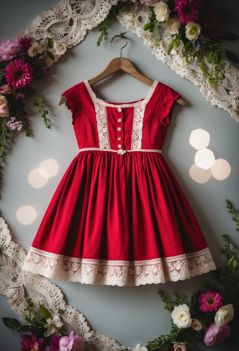 A vintage-inspired red tea dress hangs on a rustic wooden hanger, surrounded by delicate lace and floral details