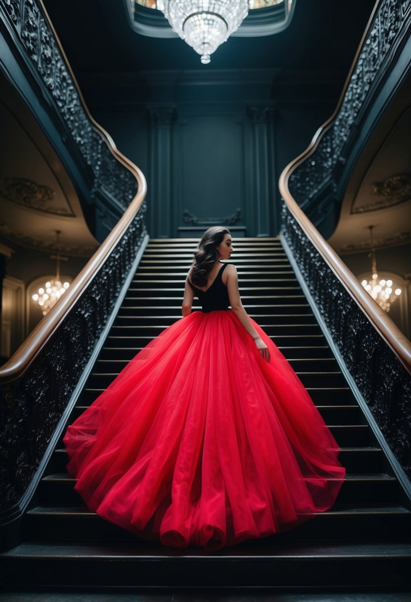 A billowing red tulle skirt cascades down a grand staircase, contrasting against the dark, ornate surroundings