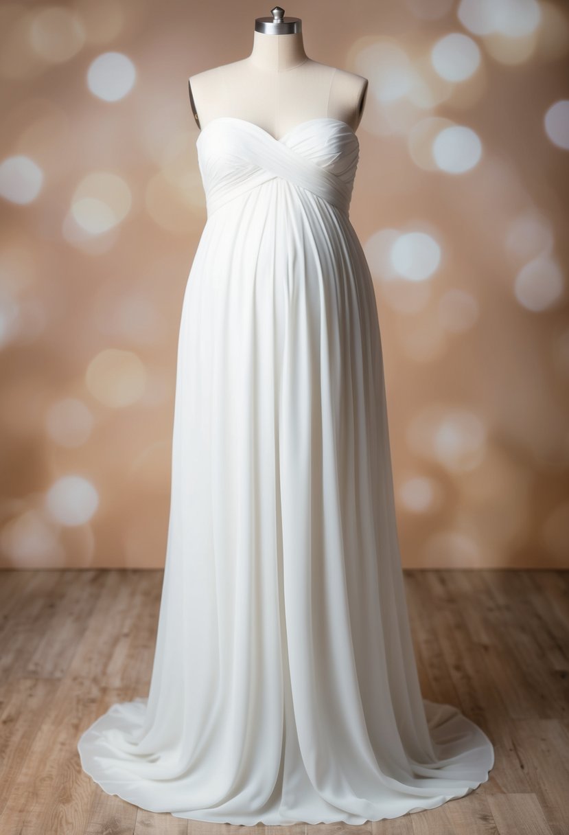 A white, flowing wedding dress with a sweetheart neckline drapes over a rounded form, suggesting a pregnant belly beneath