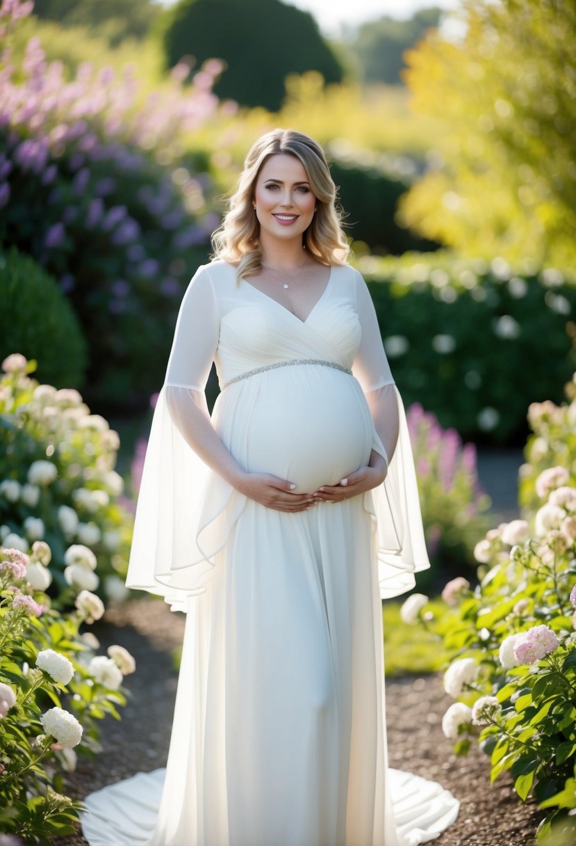 A pregnant bride in a flowy-sleeved wedding dress, standing in a garden surrounded by blooming flowers