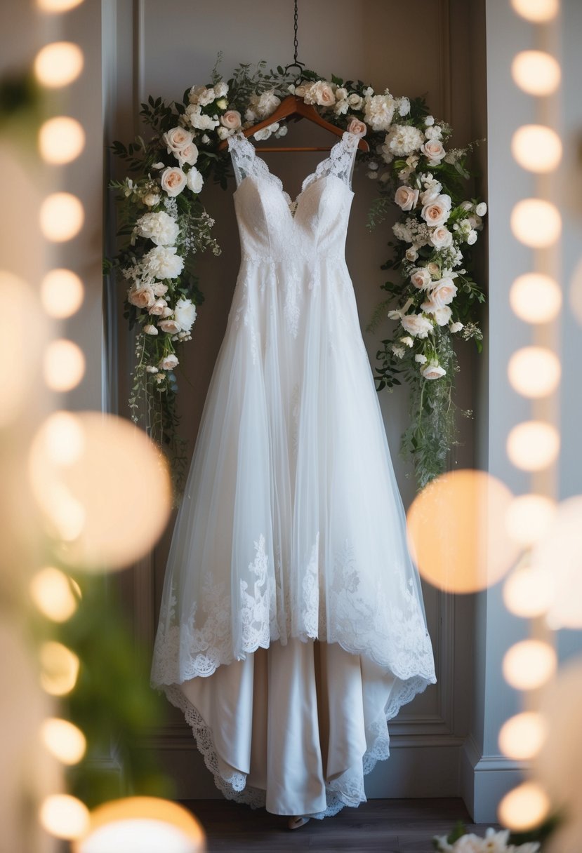 A flowing, lace-trimmed wedding dress hangs from a vintage wooden hanger, surrounded by delicate floral bouquets and soft, romantic lighting