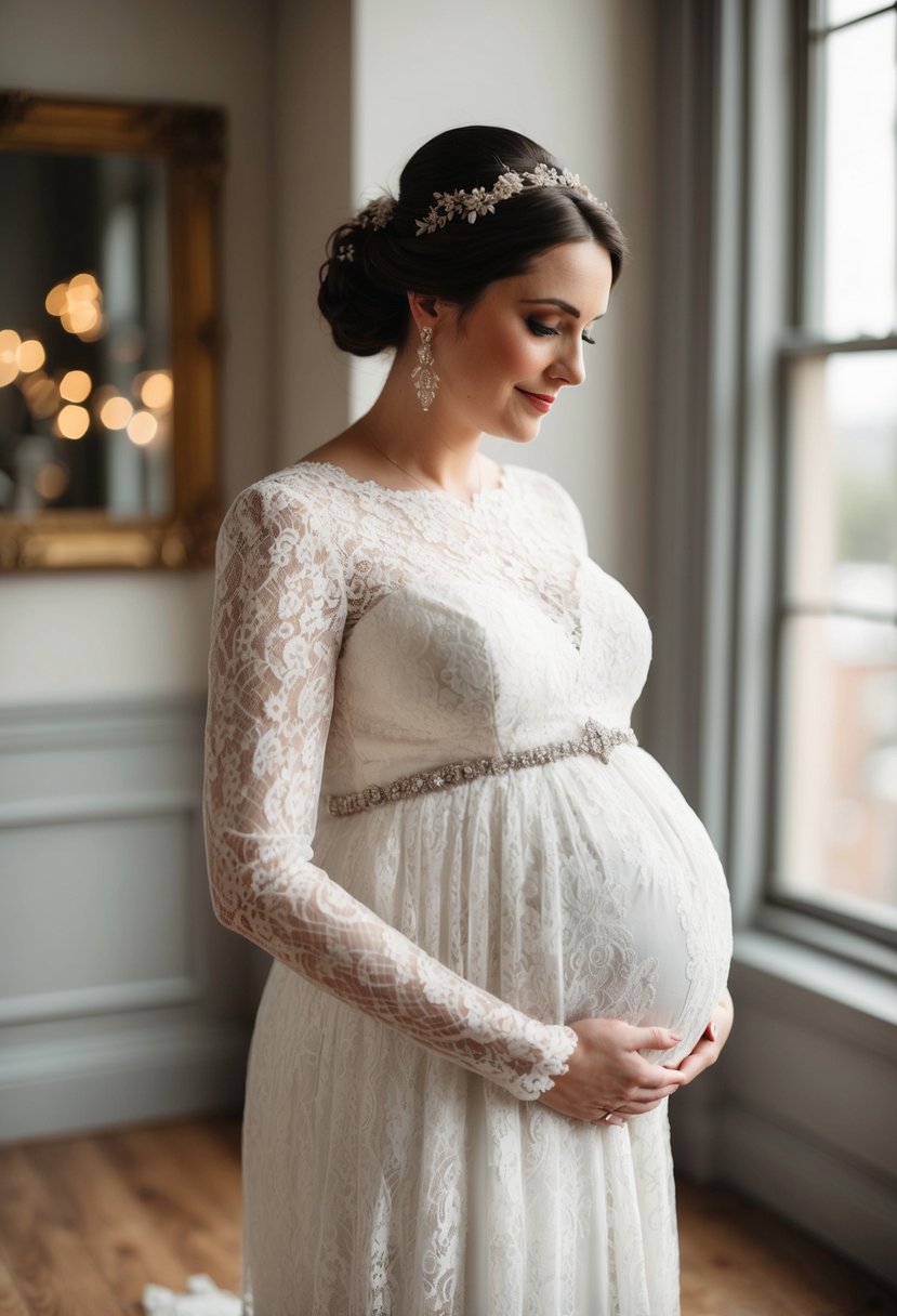 A lace wedding dress with a vintage-inspired design, featuring delicate details and a flattering silhouette to accommodate a 6-month pregnant figure