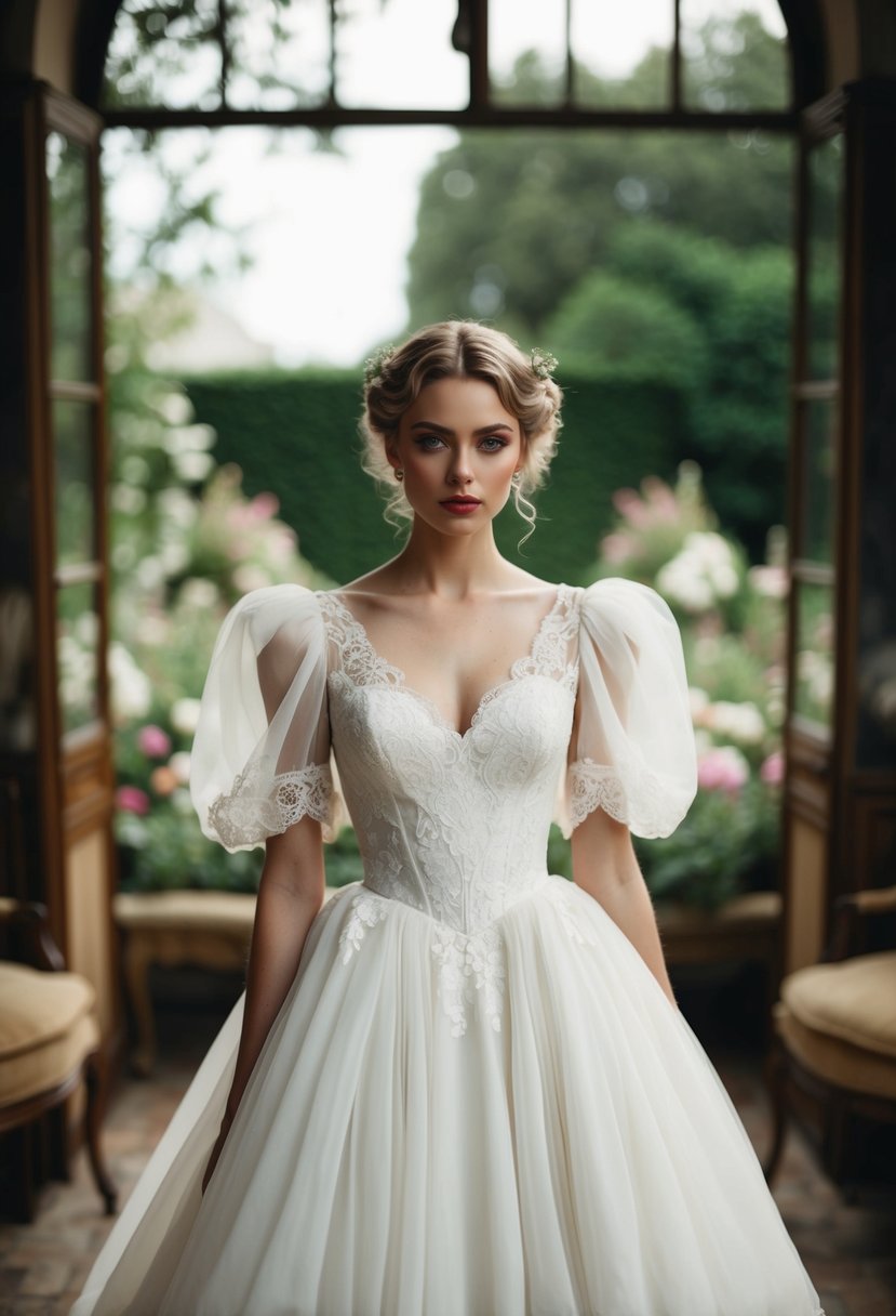 A vintage-inspired wedding dress with puff sleeves, delicate lace details, and a flowing, romantic silhouette, set against a backdrop of an old-fashioned garden or vintage interior