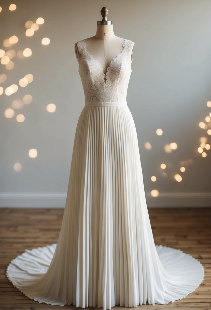 A pleated skirt wedding dress draped over a rounded mannequin torso, with a delicate lace bodice and flowing train