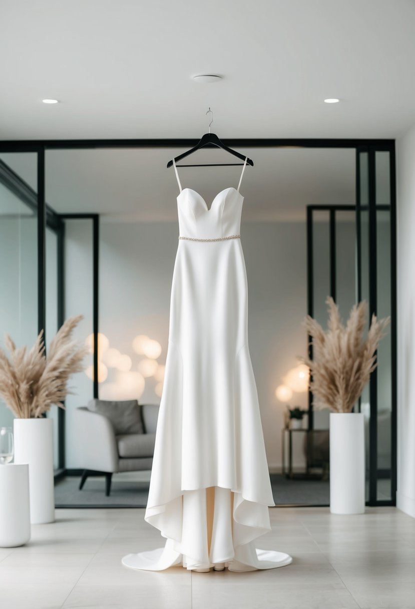 A sleek, simple wedding dress on a modern hanger, surrounded by clean, minimalist decor and natural lighting