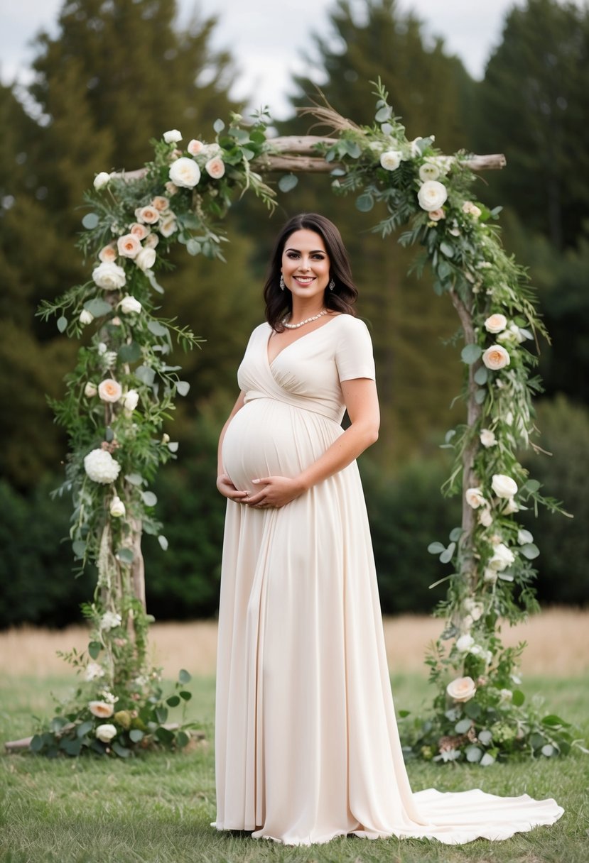 A pregnant woman in a tea-length dress, holding a bouquet, stands in front of a rustic wedding arch adorned with flowers and greenery