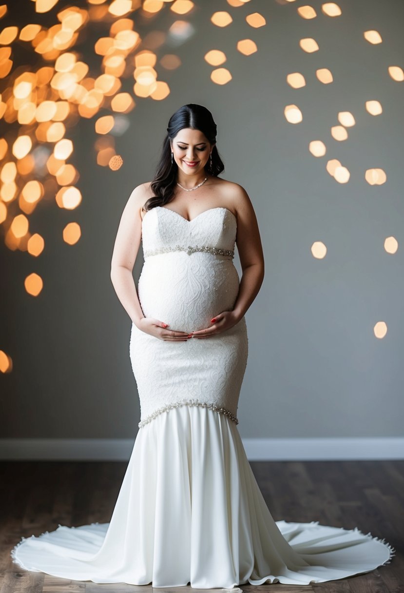 A wedding dress with detachable skirts, showcasing versatility for a 6-month pregnant bride