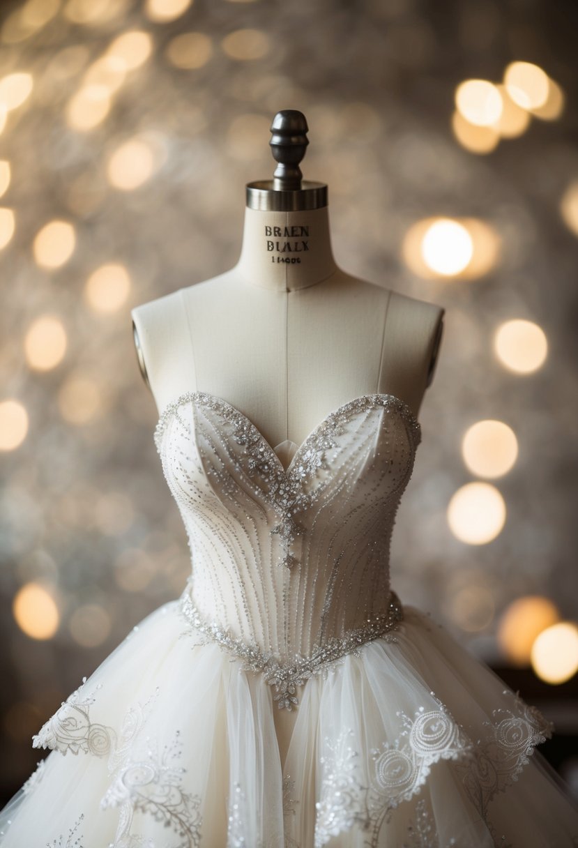 A sparkling sweetheart neckline wedding dress with cascading layers of tulle, accented with delicate lace and shimmering beading