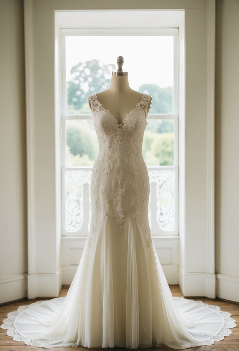 An elegant ivory wedding dress displayed on a mannequin, surrounded by soft lighting and delicate lace details