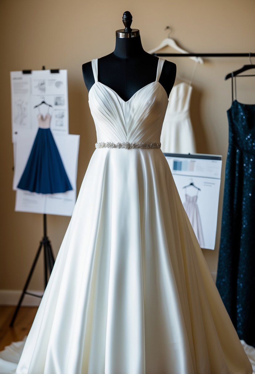 A beautiful bridal gown with supportive straps hangs on a mannequin, surrounded by sketches and fabric swatches