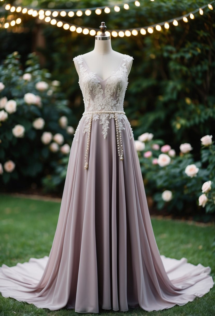 A flowing mauve wedding dress adorned with delicate lace and pearl accents, set against a backdrop of a lush garden with blooming roses and twinkling lights