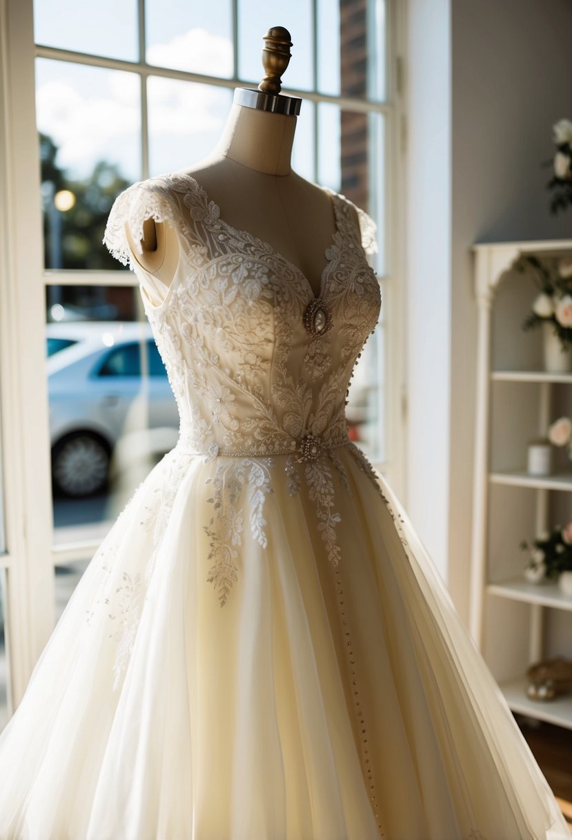 A vintage ivory wedding dress displayed on a mannequin in a sunlit boutique with lace, pearls, and delicate embroidery details