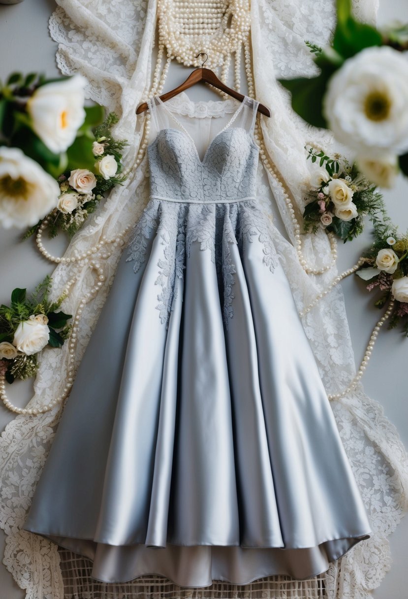 A silvery gray gown hangs from a vintage brass hanger, surrounded by delicate lace, pearls, and floral accents