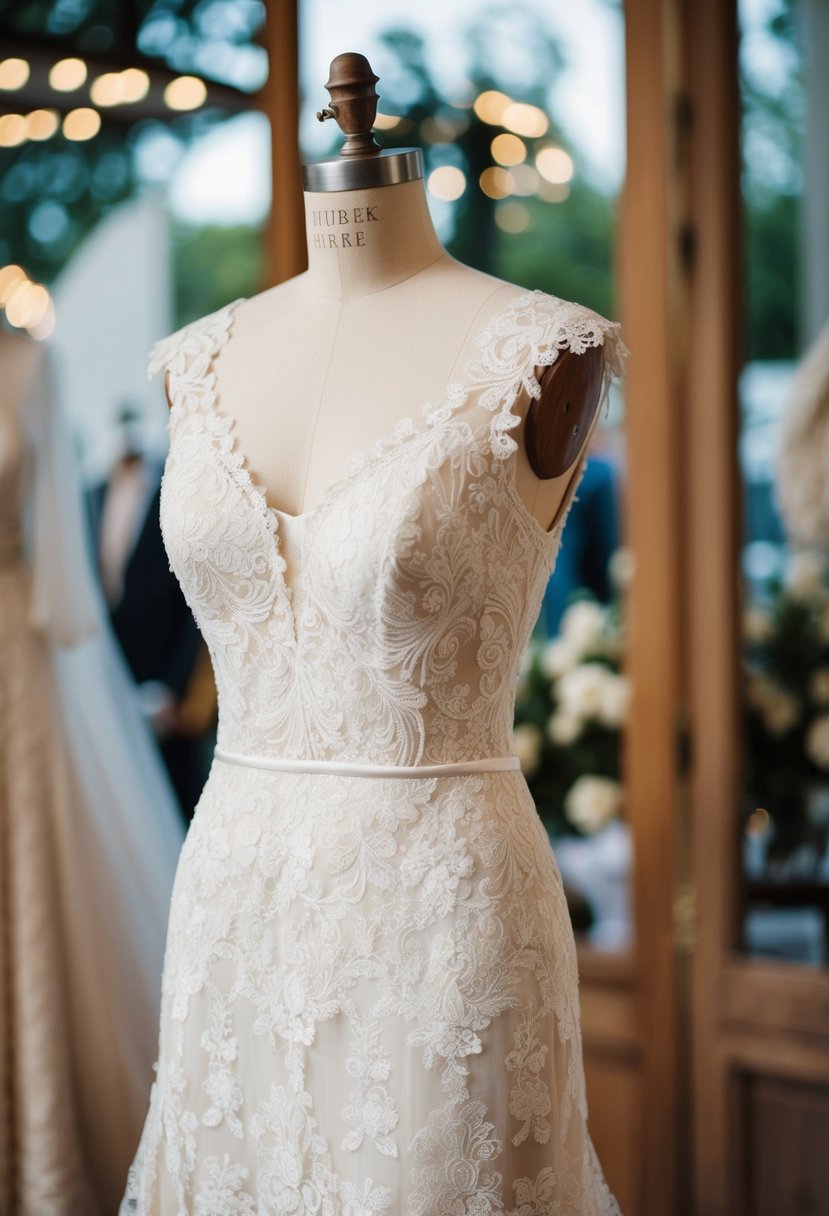 An elegant ivory lace wedding dress displayed on a vintage wooden mannequin