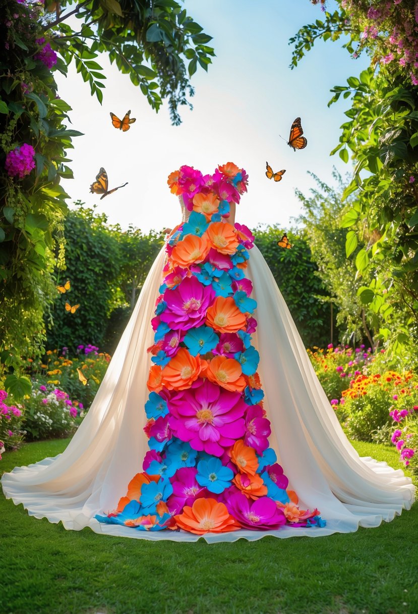 A lush garden with vibrant, oversized flowers cascading down a flowing, ethereal dress. Butterflies flit around, adding to the whimsical, romantic atmosphere